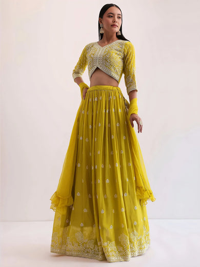 Lovely Yellow Thread Embroidered Georgette Haldi Wear Lehenga Choli